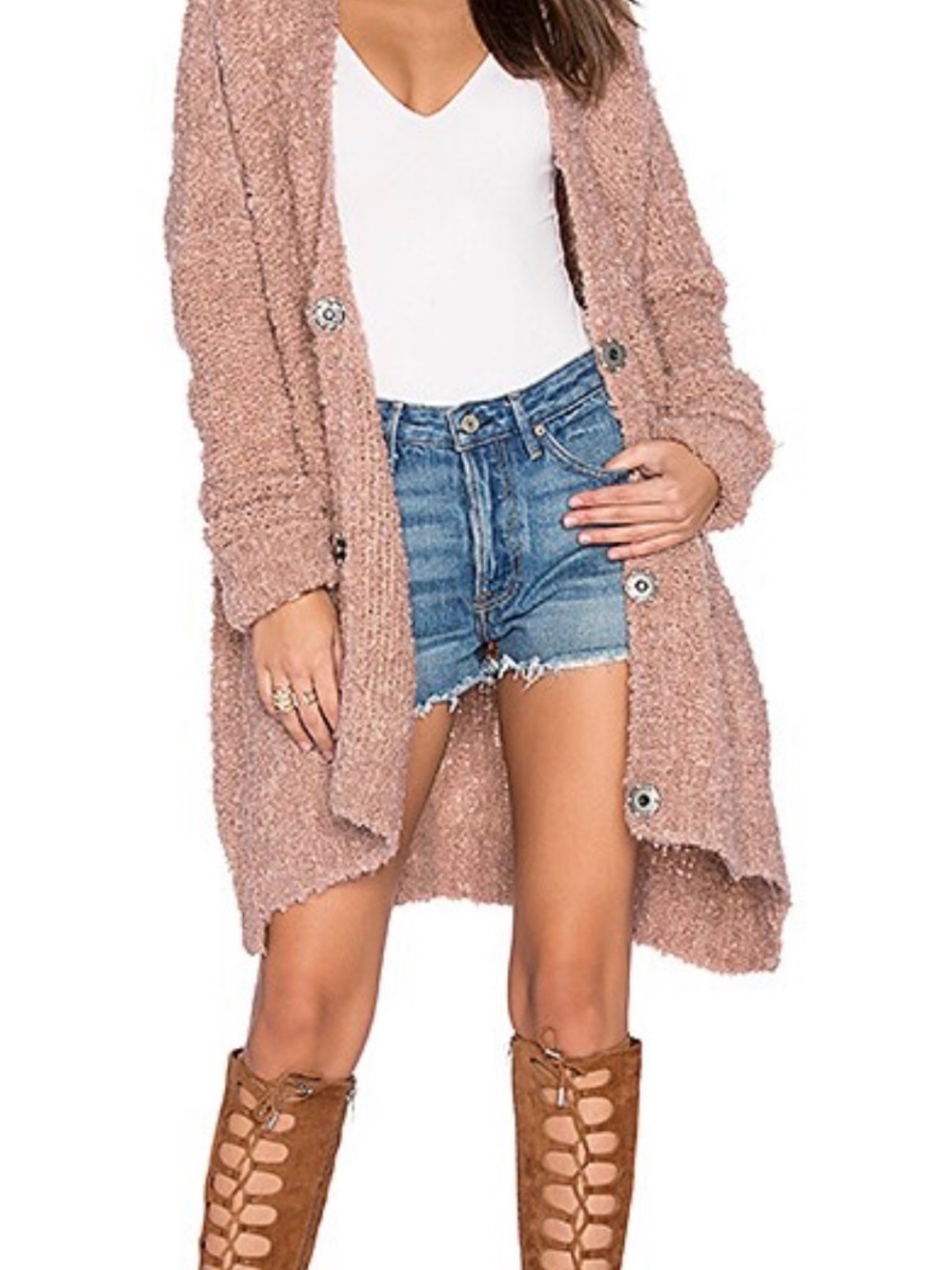 Free People Large Cozy Open-Front Button Cardigan Sweater - mauve